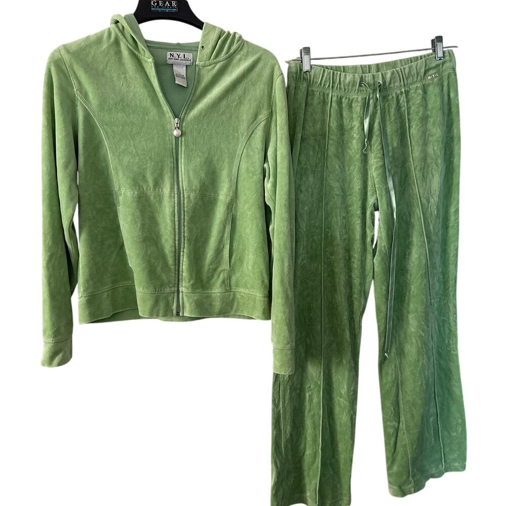 NYL New York Laundry Vintage Y2K Velour Track Suit Pants Hoodie Jacket M L Green
